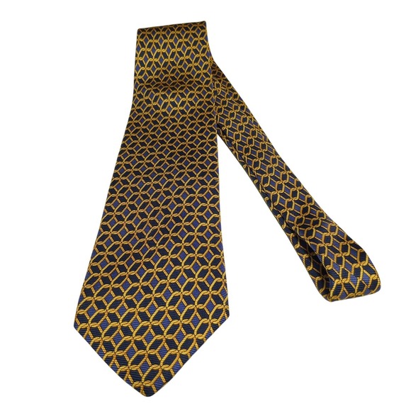 Brooks Brothers Silk Tie Mens Navy Blue Gold Geometric Chain Pattern Made in USA - Picture 2 of 3